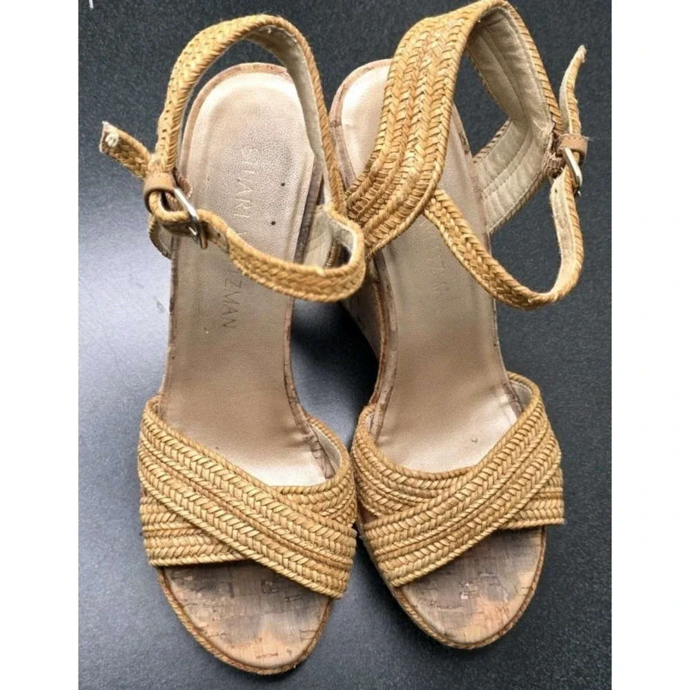 Stuart Weitzman Minx Espadrille Wedge Sandals 36/6 Cork Ankle Strap Heeled Boho